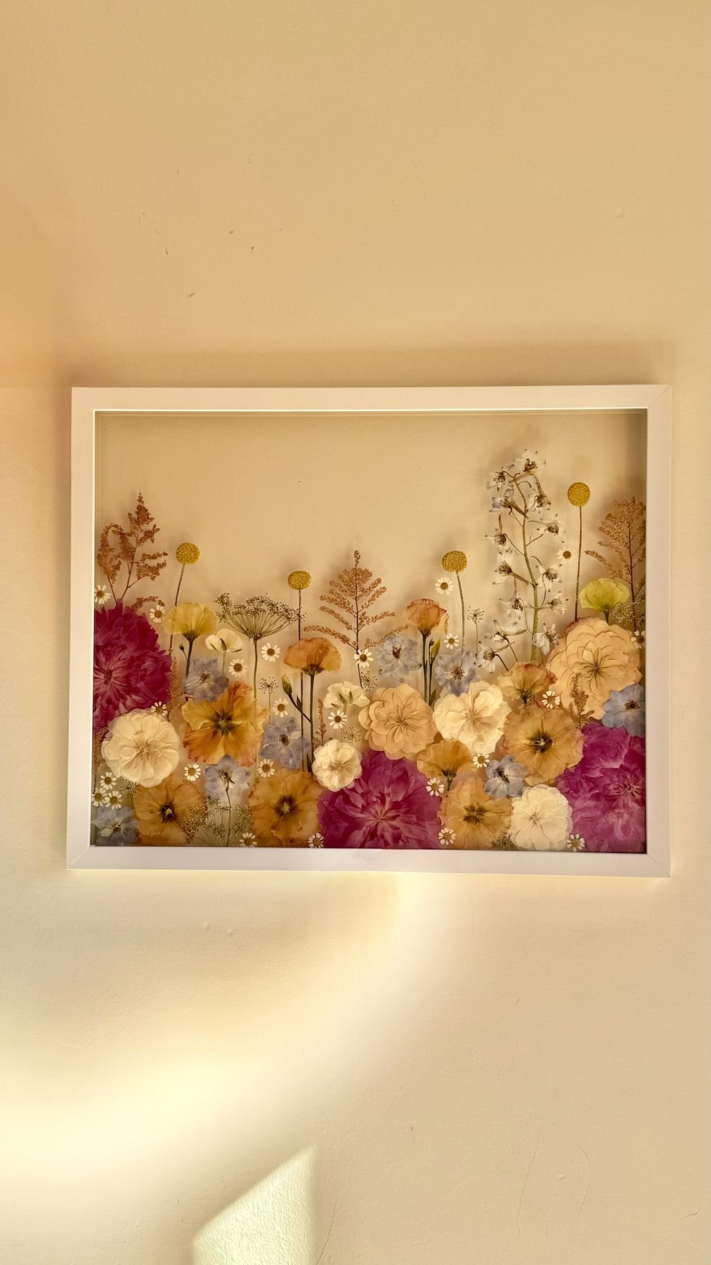 Cuadro de flores prensadas colgado en una pared crema